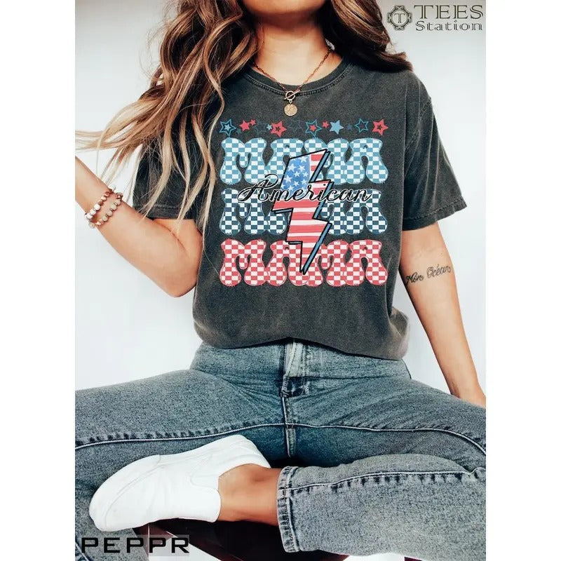 USA Flag American Mama 4th July Shirt Patriotic Mom Shirt Mama Fourth July Shirt Shirts Mom 4th July Mama T-Shirts
