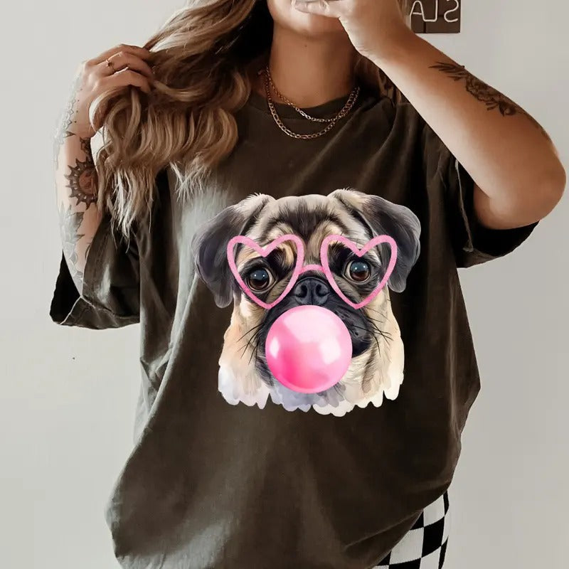 Pug Blowing Bubble Gum Shirt ~ Relaxed Fit Printed USA Womenswear Casual Comfort Cotton Top Athletic Boho Chic T-Shirts
