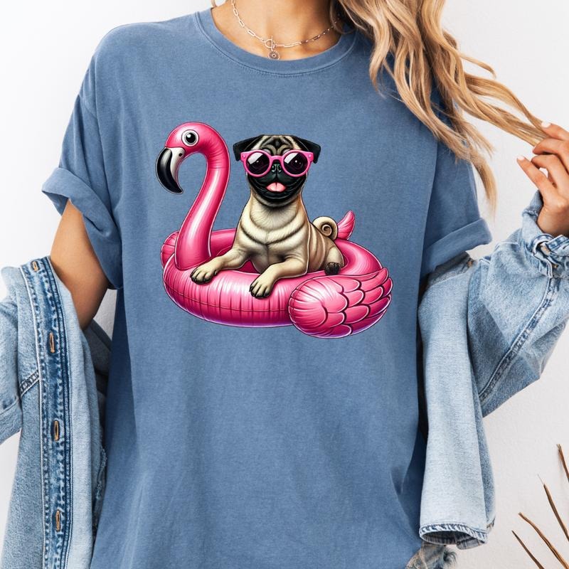 Pug Flamingo Float Dog Shirt ~ Relaxed Fit Printed USA Womenswear Casual Comfort Cotton Top Athletic Boho Chic T-Shirts