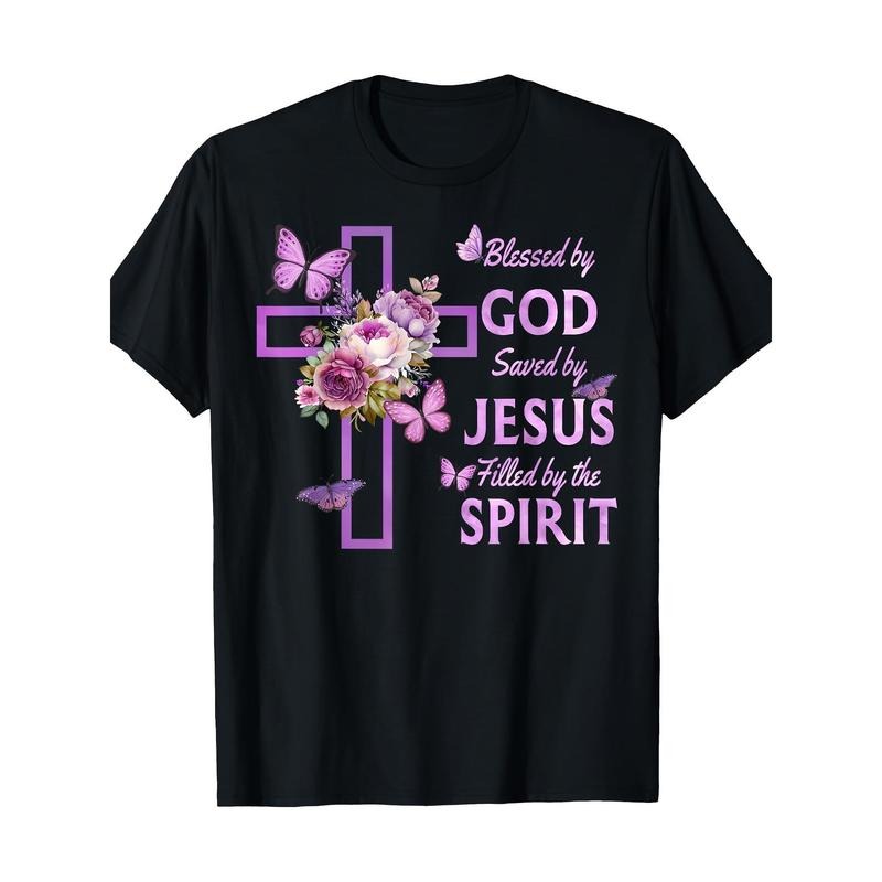 [Purple Floral Cross ] 100% Cotton Purple Floral Cross Christian Blessed God Saved Jesus Made USA T-Shirts