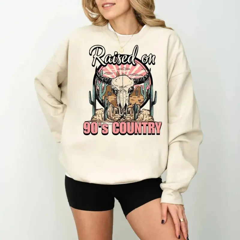 Raised 90'S Country Country Western Bull Skull Shirt T-Shirts