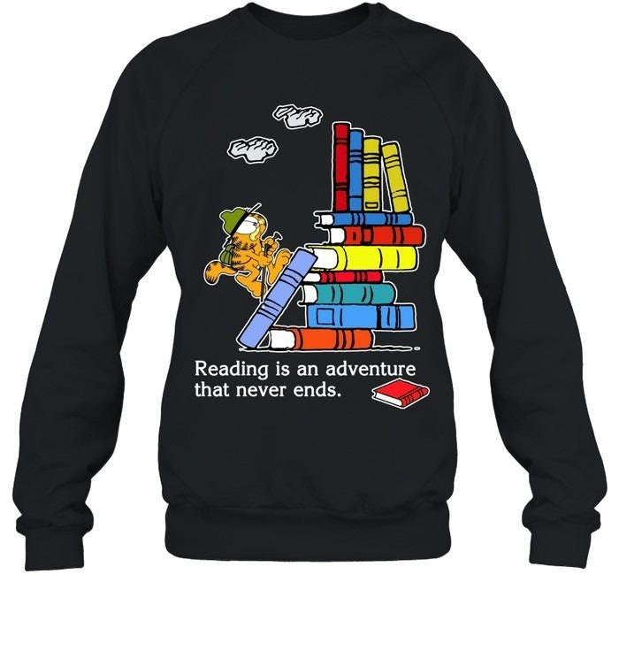 Reading Is Adventure That Never Ends Garfiiield Funny Movie Cartoon Shirt Reader Bookish T-Shirts