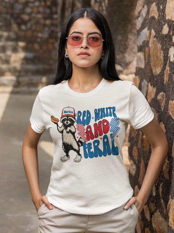 Red White Feral Funny USA Funny Raccoon Shirt 4th July Hotdog Raccoon Shirt T-Shirts