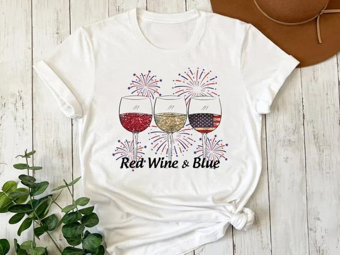 Red Wine Blue Shirt 4th July Patriotic Shirt USA Flag Shirt Independence Day Red White Blue T-Shirts