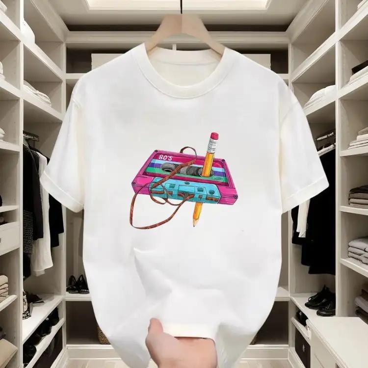 Retro Cotton Fun Cassette Tape Print Casual Gatherings T-Shirts
