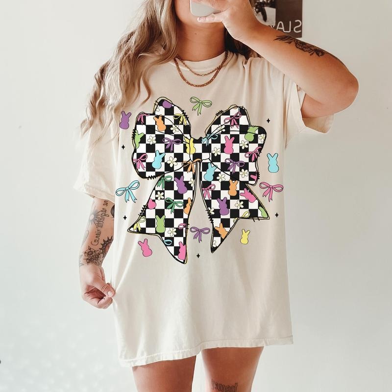 Retro Checkered Easter Coquette Bow Easter Easter Bow Easter Bunny Spring Preppy Easter T-Shirts