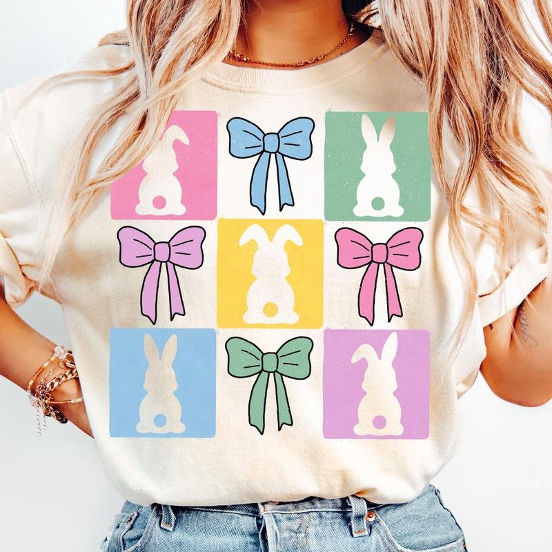 Retro Checkered Easter Coquette Easter Bunny Coquette Easter Easter Christian Easter Happy Easter T-Shirts