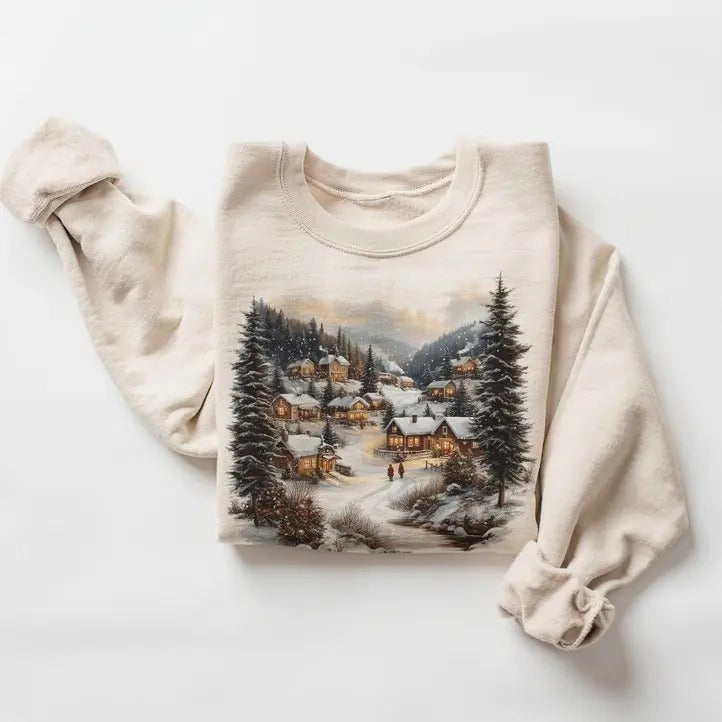 Retro Winter Village Nineties 90s Mountain Pine Trees Decorated Cabins Boho Comfort T-Shirts