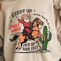 Retro Cowboy Western Santa Giddy Up Jingle Horse 100% Cotton Fabric T-Shirts