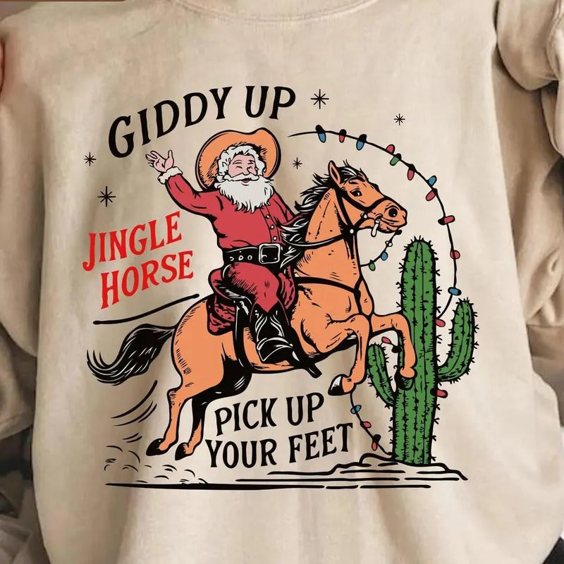Retro Cowboy Western Santa Giddy Up Jingle Horse 100% Cotton Fabric T-Shirts