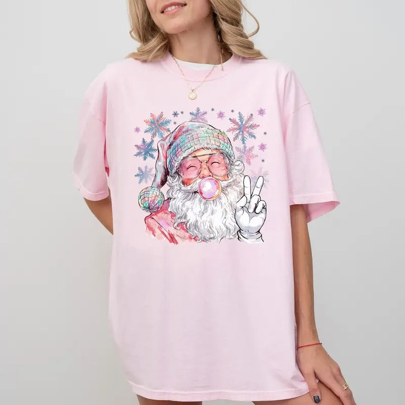Retro Disco Santa Blowing Bubble Shirt Comfort Colors Cute Santa Santa Claus Season Tops Xmas Womenswear T-Shirts