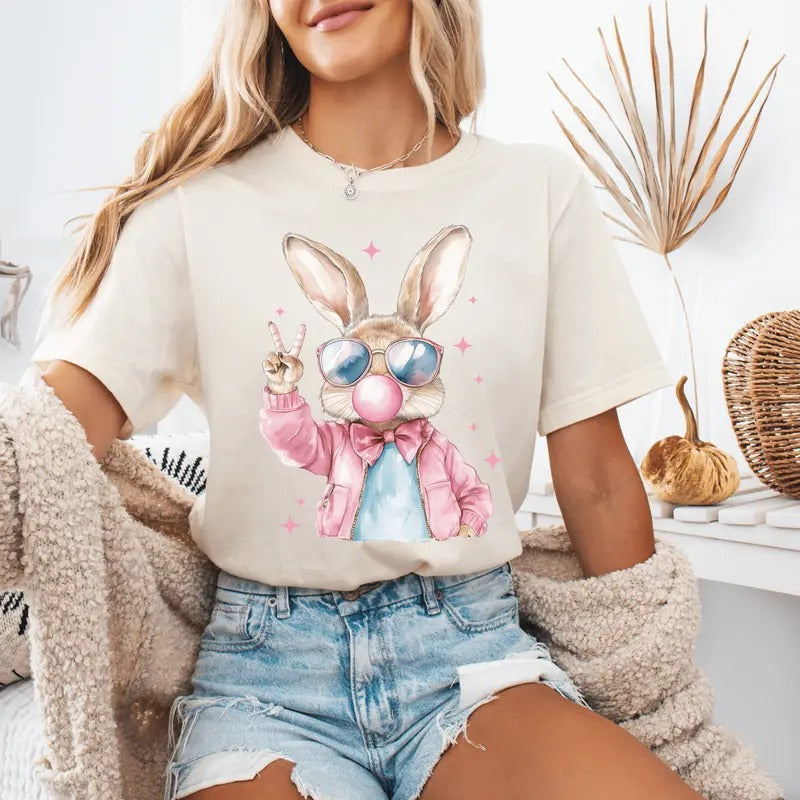 Retro Easter Bunny Blowing Bubble Gum Shirt Cute Easter Shirt Long Sleeve Short Sleeve T-Shirts