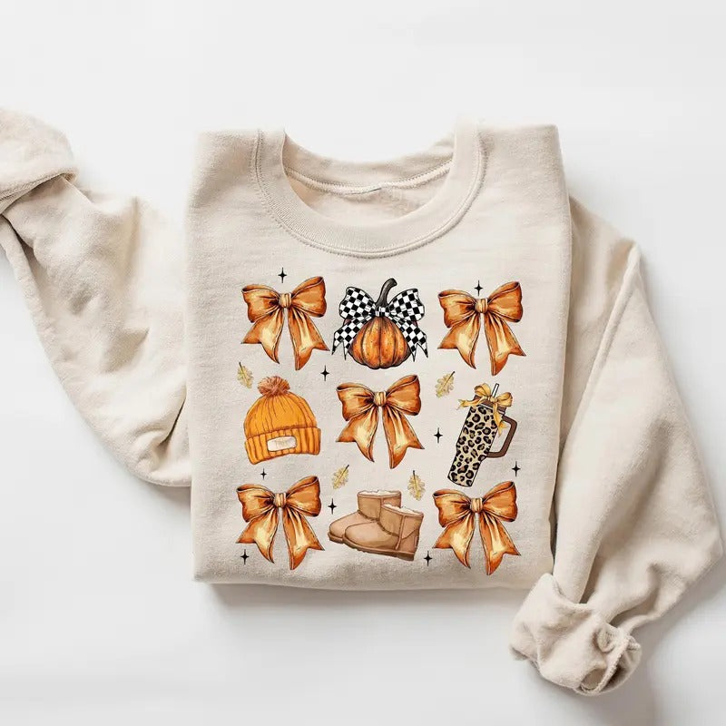Retro Fall Pumpkin Bow Cute Fall Autumn Comfy Friendsgiving Shirt T-Shirts