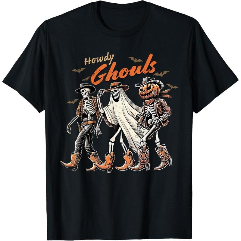 Retro Howdy Ghouls Skeleton Cowboy Western Rodeo Halloween Made Usa T-Shirts