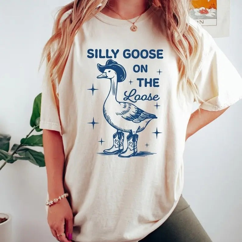 Retro Silly Goose Silly Goose Loose Funny Cowgirl Shirt Funny Western Funny 90s Top Womenswear Summer T-Shirts