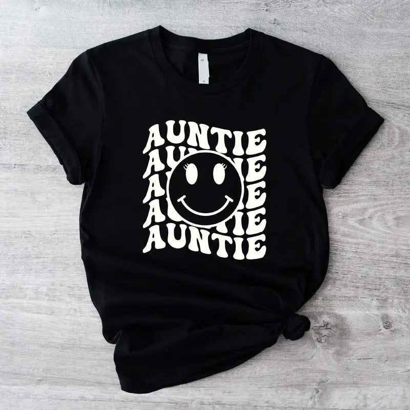 Retro Smile Face Auntie Promoted Aunt Shirt Pregnancy Announcement Auntie Sister New Aunt Short Sleeve T-Shirts