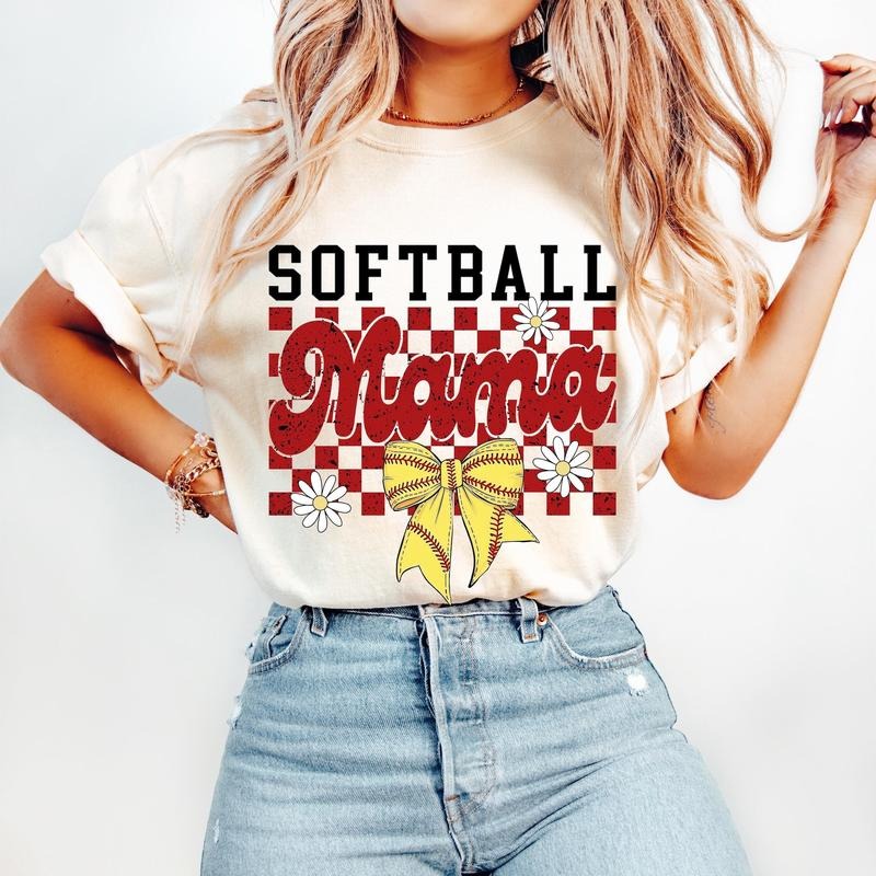 Retro Softball Mama Checkered Softball Softball Mom Game Day Checkered Mama Softball Bow Softball Coquette Bow T-Shirts