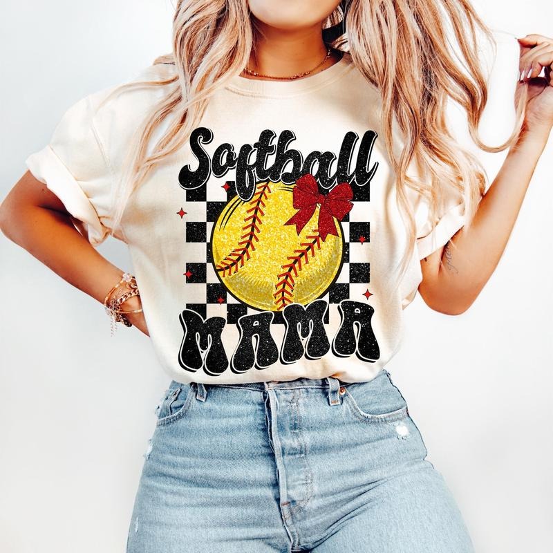Retro Softball Mama Coquette Softball Softball Coquette Game Day Softball Mom Checkered Softball Bow T-Shirts