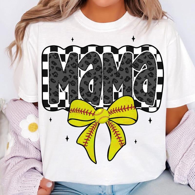 Retro Softball Mama Softball Mama Softball Coquette Game Day Softball Bow Checker Softball T-Shirts
