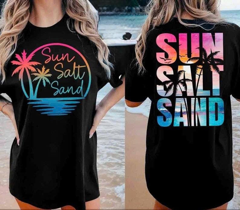 Retro Summer Sun Salt Sand 2 Sided Summer Beach Shirt Summer Sunset Salty Summer Vacation T-Shirts