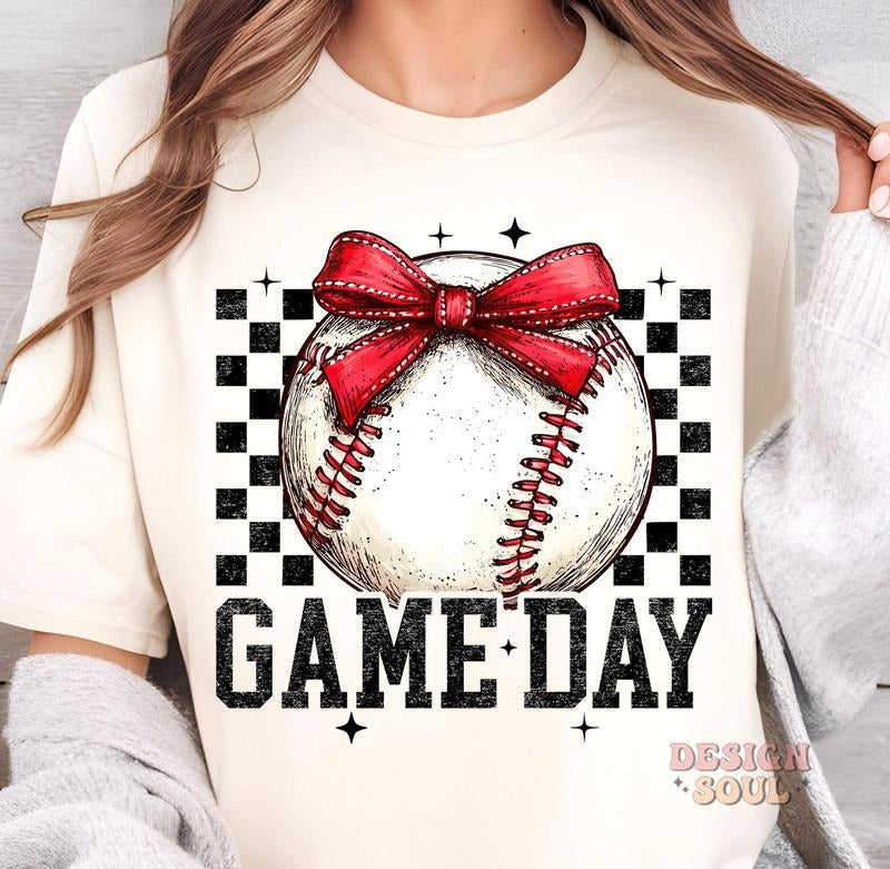 Retro Game Day Baseball Baseball Mama Baseball Coquette Checkered Baseball Baseball Bow T-Shirts