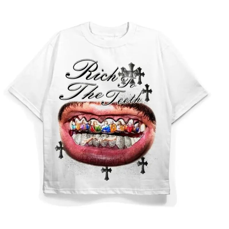 Rich Teeth Diamond Grill Religious Art Size S 3XL Top Womenswear Baggy Casual T-Shirts
