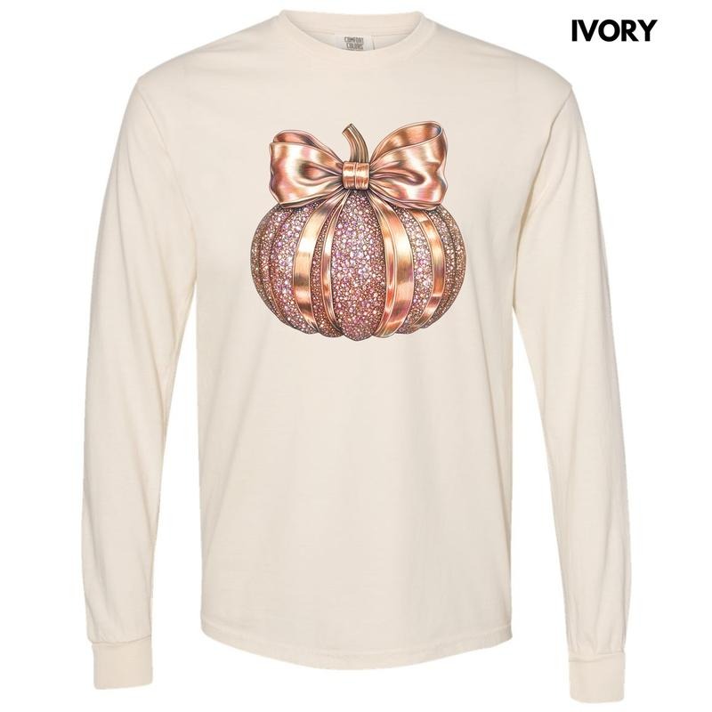 Rose Gold Jeweled Pumpkin Long Sleeve Comfort Colors 'NLB' T-Shirts