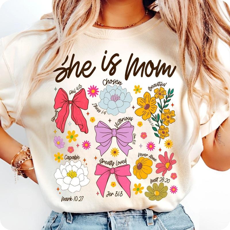 [Sale 45% Off] She Is Mom Coquette Christian Mama Floral Wildflower Retro Boho Bible Verse Mom Shirt T-Shirts