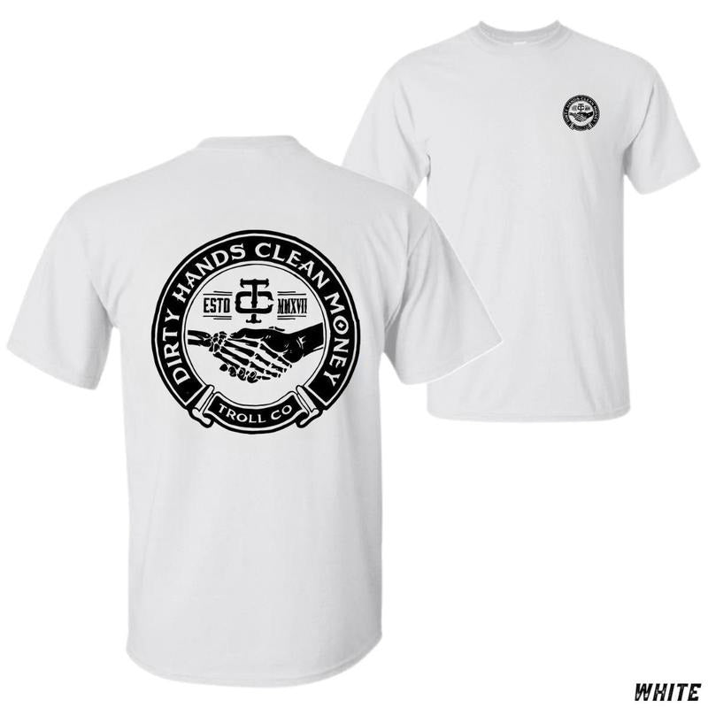 Sale Up 50% Dirty Hands Clean Money Bold Logo Handshake Retro Text Hard Workers Bold Enthusiasts Tiktok Shop Store T-Shirts