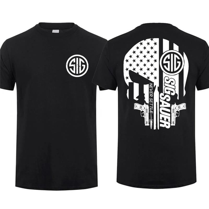 [Sale Up 60%] Sig Sauer Skull Gun America Flag 2 Sided Short Sleeve Casual 100% Cotton Top Menswear Tactical Gear Gun Lover T-Shirts