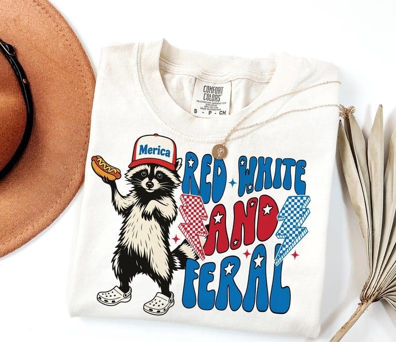 [Sale Up 50%] Comfort Colors Red White Feral Funny USA Funny Raccoon T-Shirts