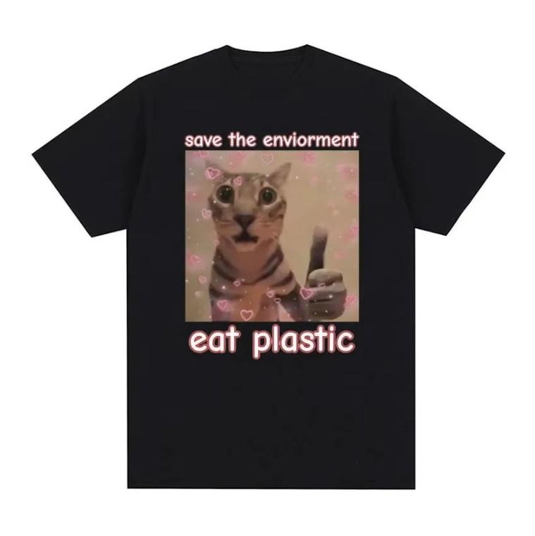 Save Environment Eat Plastic Cute Cat Funny T-Shirts
