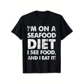 Seafood Diet Humor 100% Cotton Crew Neck Casual Short Sleeve Printed Top Slight Stretch Knit Fabric Regular Fit Comfort Black Made USA T-Shirts