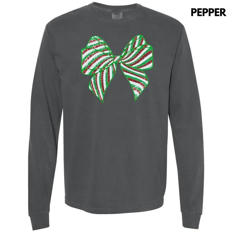 Sequin Red & Green Bow Patch Long Sleeve Comfort Colors T-Shirts