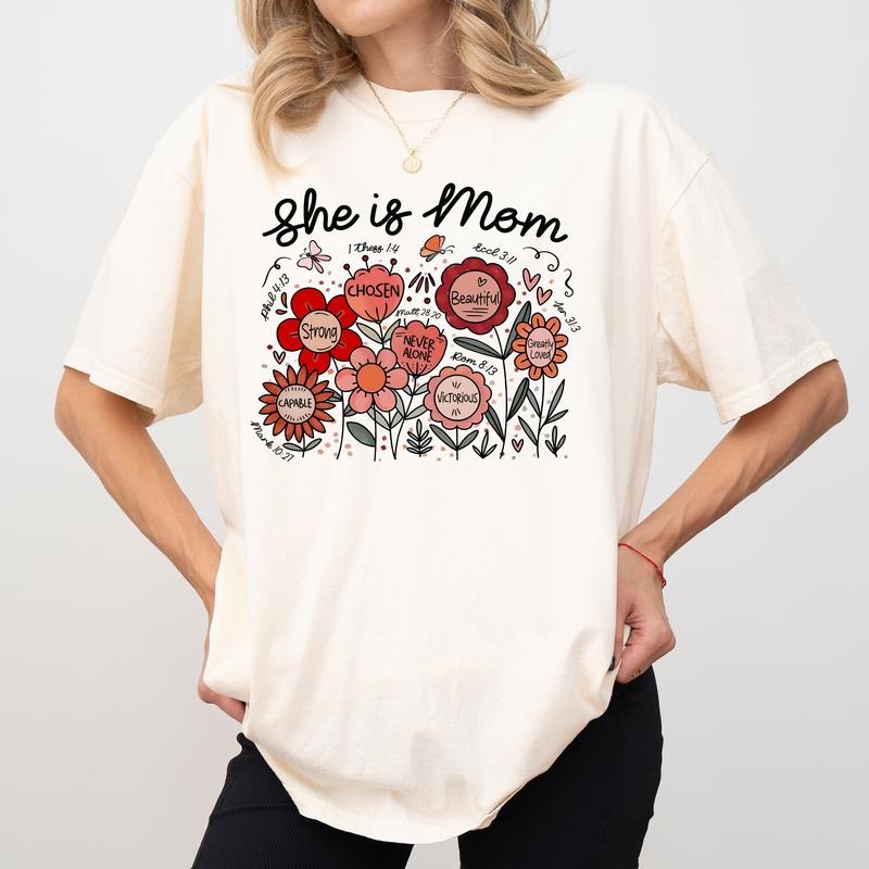 She Is Mom Wildflower Comfort Colors Shirt Bible Verse Mama Christian Mom Mom Cotton Fabric Tops T-Shirts