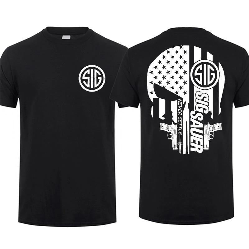 Sig Sauer Skull Gun America Flag 2 Sided Tactical Gear Gun Lover Nature Hunting Enthusiast Dad Cotton T-Shirts