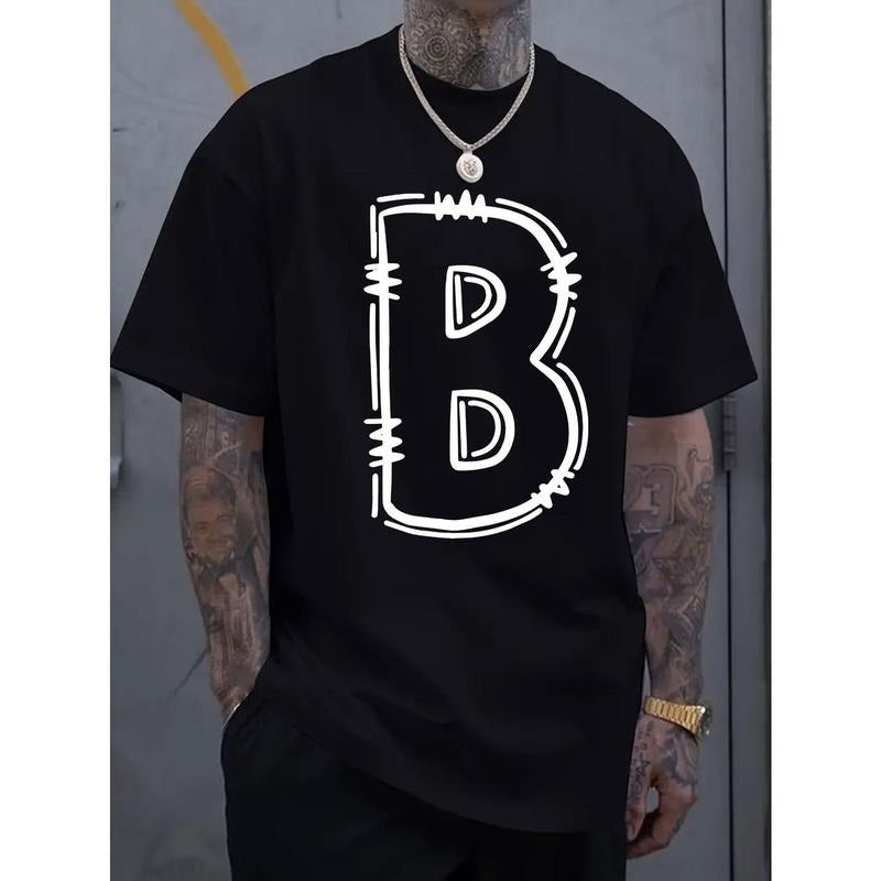 Simple Round Neck Short Sleeved B Letter Print Comfortable Breathable Casual Sports Top Suitable Spring Summer Vacation Leisure Made USA T-Shirts