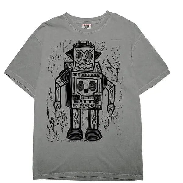 Skull Robot Woodblock Hand Printed Cotton Menswear Top Graphics T-Shirts