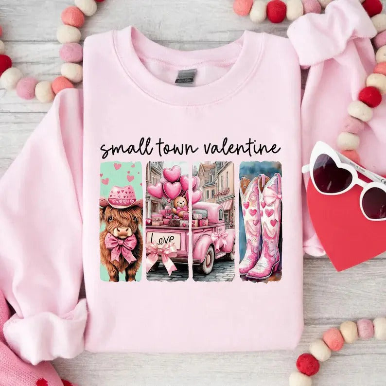 Small Town Valentine Shirt Howdy Valentines Vintage Western Highland Cow Shirt T-Shirts