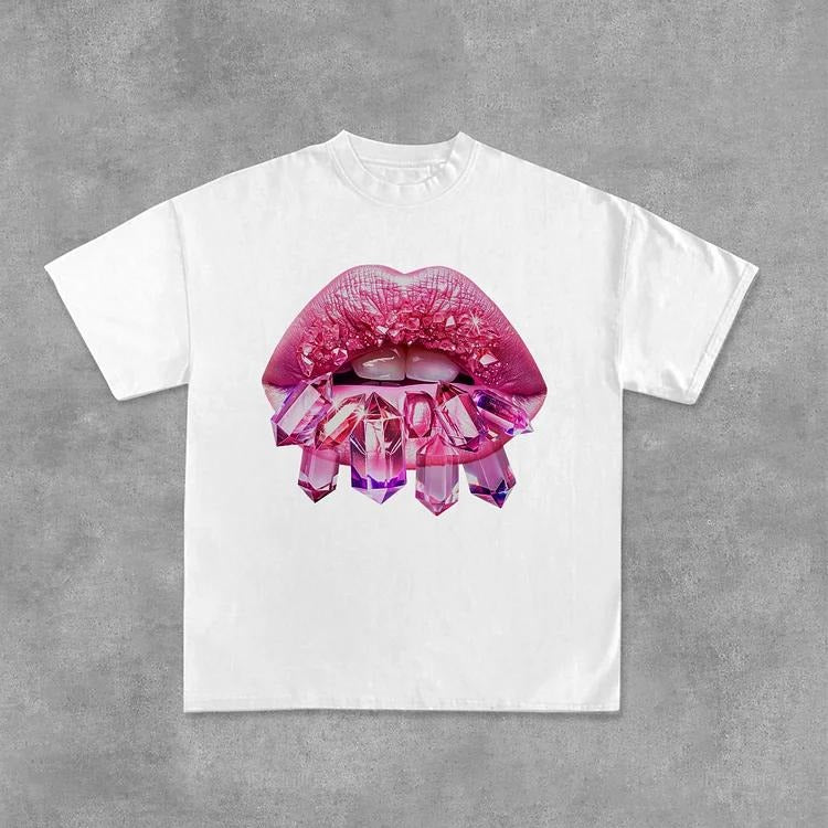 Sopula Diamond Lips Print Casual Cotton T-Shirts