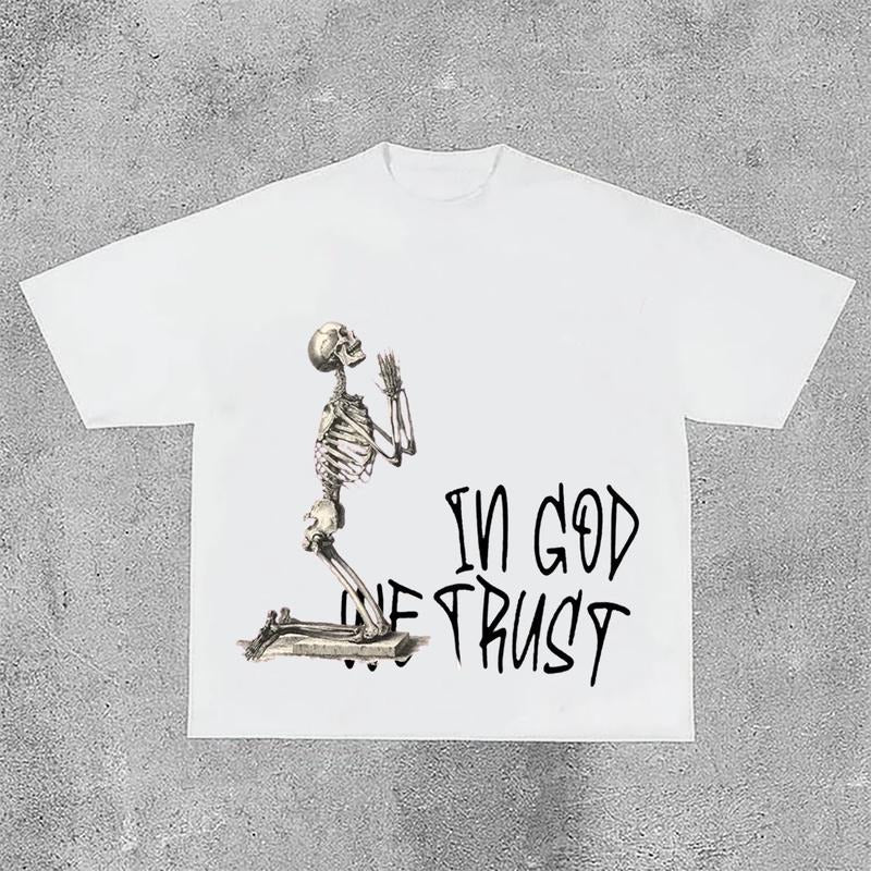 Sopula God We Trust Letters Skull Print Short Sleeve T-Shirts