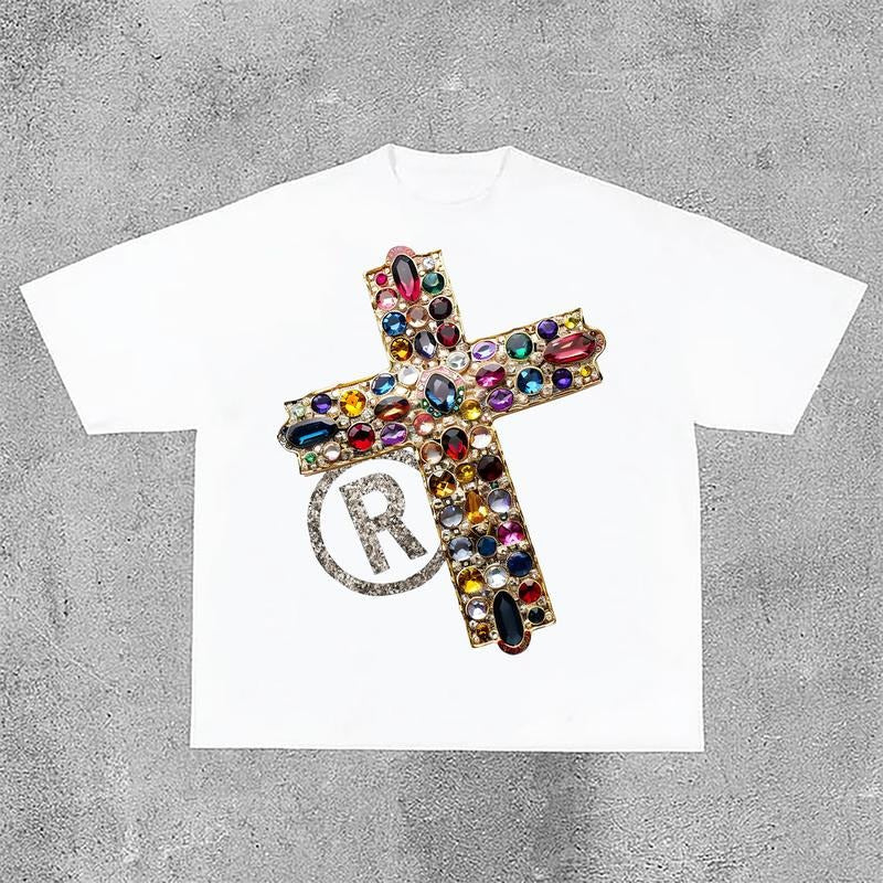 Sopula Vintage Diamond Cross Print Casual Cotton T-Shirts
