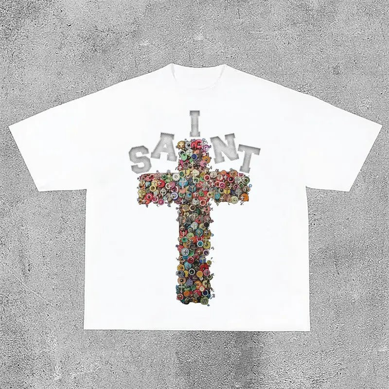 Sopula Vintage Saint Cross Graphics Printed Cotton T-Shirts