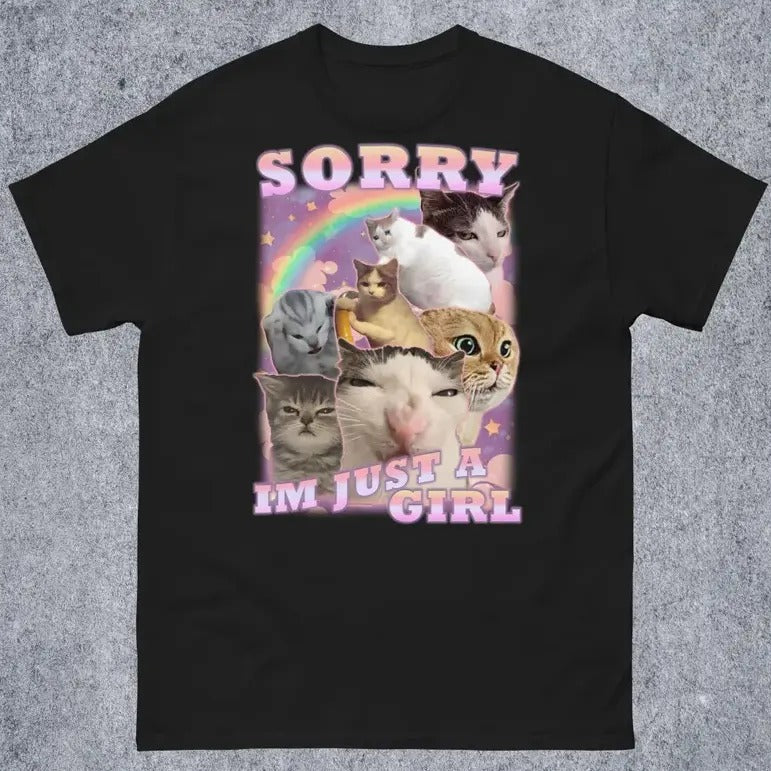 Sorry Im Just Girl Funny Cat Meme Woman Unhinged Cute Shirts Ugly Cotton Fabric T-Shirts
