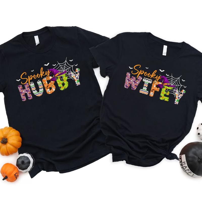 Spooky Hubby Wifey Shirt Cute Halloween Couple Matching Funny Couples Halloween Fall Husband Wife T-Shirts