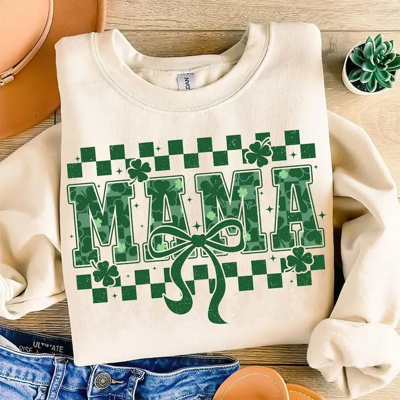 St Patricks Day Mama St Patricks Mama Varsity Shamrock Coquette Coquette Bow Patty'S Day Mom St Patricks Mama Retro Shirt T-Shirts