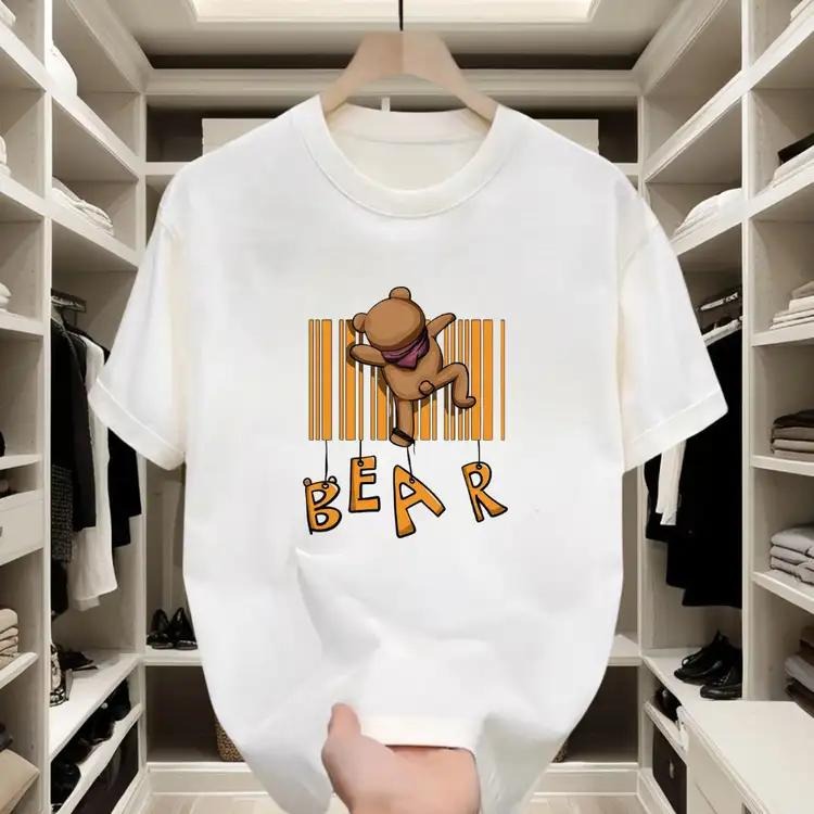 Street Cotton Fun Bear Barcode Daily T-Shirts