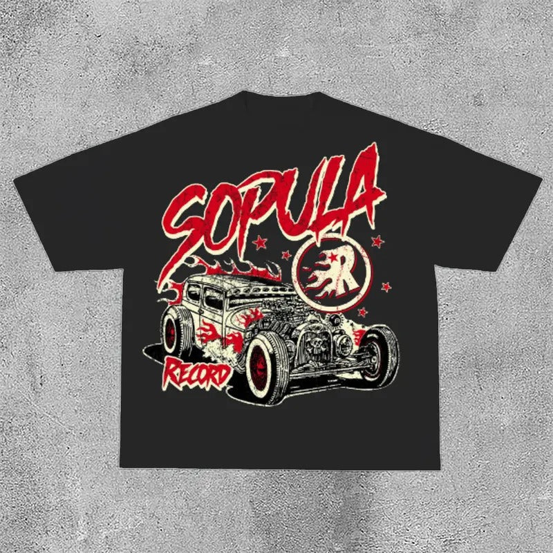 Studio Fun Flame Car Graphics Print Cotton T-Shirts