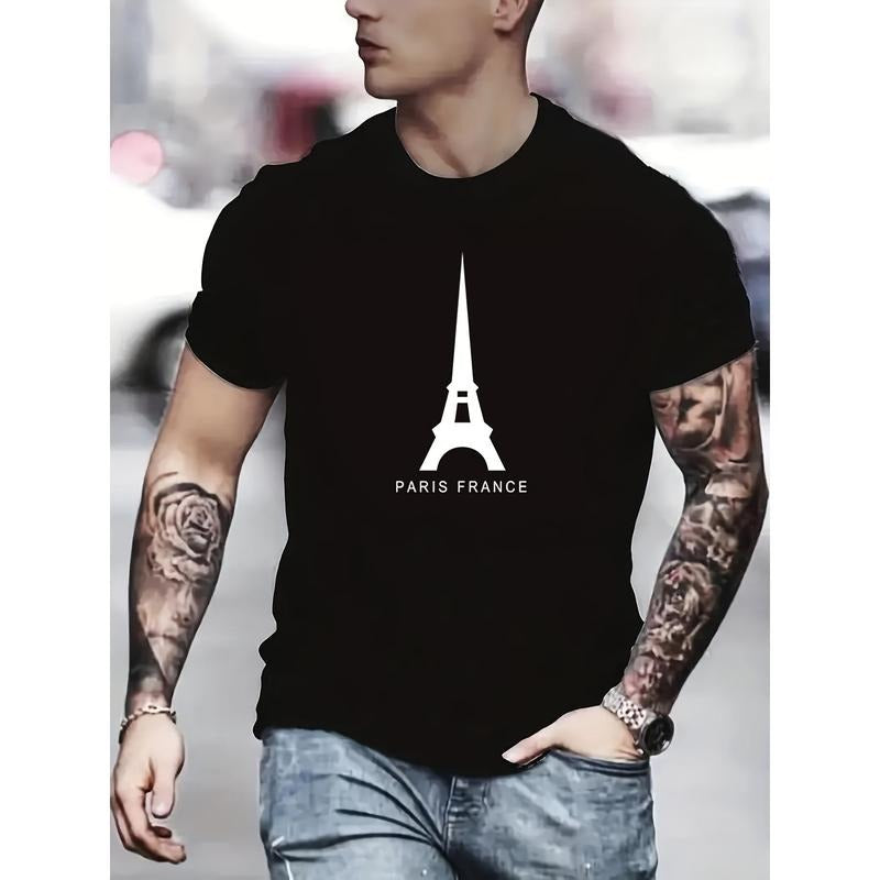 Paris Eiffel Tower Print Crew Neck Short Sleeve Casual Breathable Summer Outdoor Essential Creative Warm Weather Made USA T-Shirts