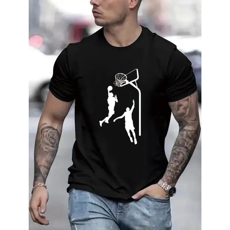 Basketball Jumping Silhouettes Print Short Sleeved Casual Comfy Versatile Top Everyday Spring Summer Made USA T-Shirts